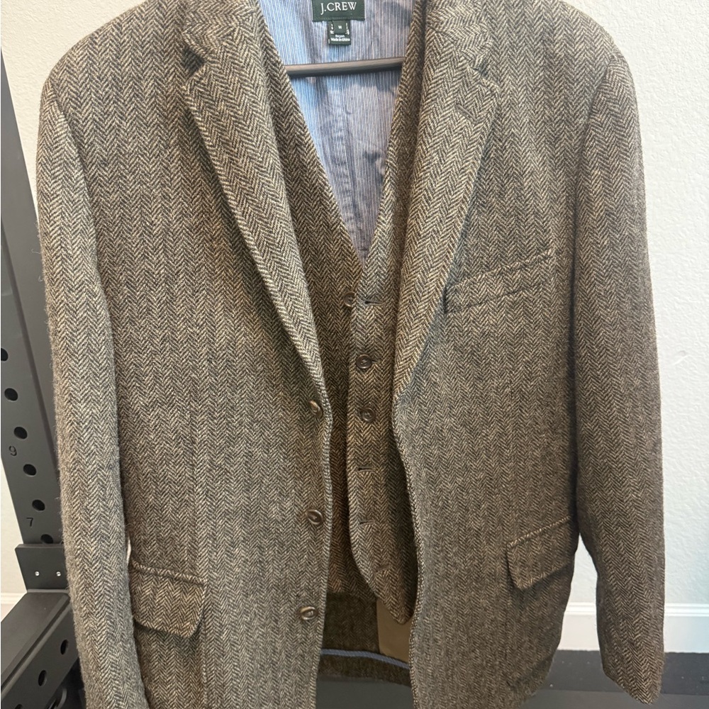 J. Crew Men's Brown Herringbone Wool Blazer and Waistcoat